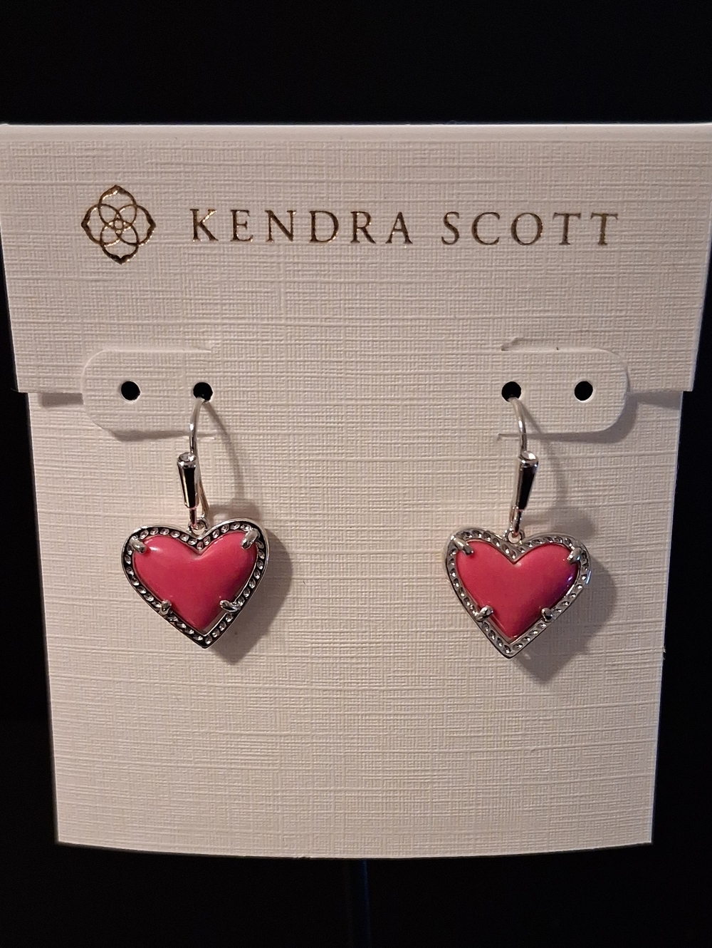 Kendra Scott Ari Heart Pink Magnesite Silver Plated Over Brass Drop Earrings New